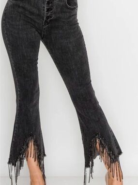 Blue B High Rise Cropped Flare Stretch Jean with Rhinestone Fringe Size Med NWT